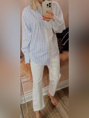 Frame Denim Le Mix Oversized Asymmetrical Blue & White Striped Button-Down Shirt